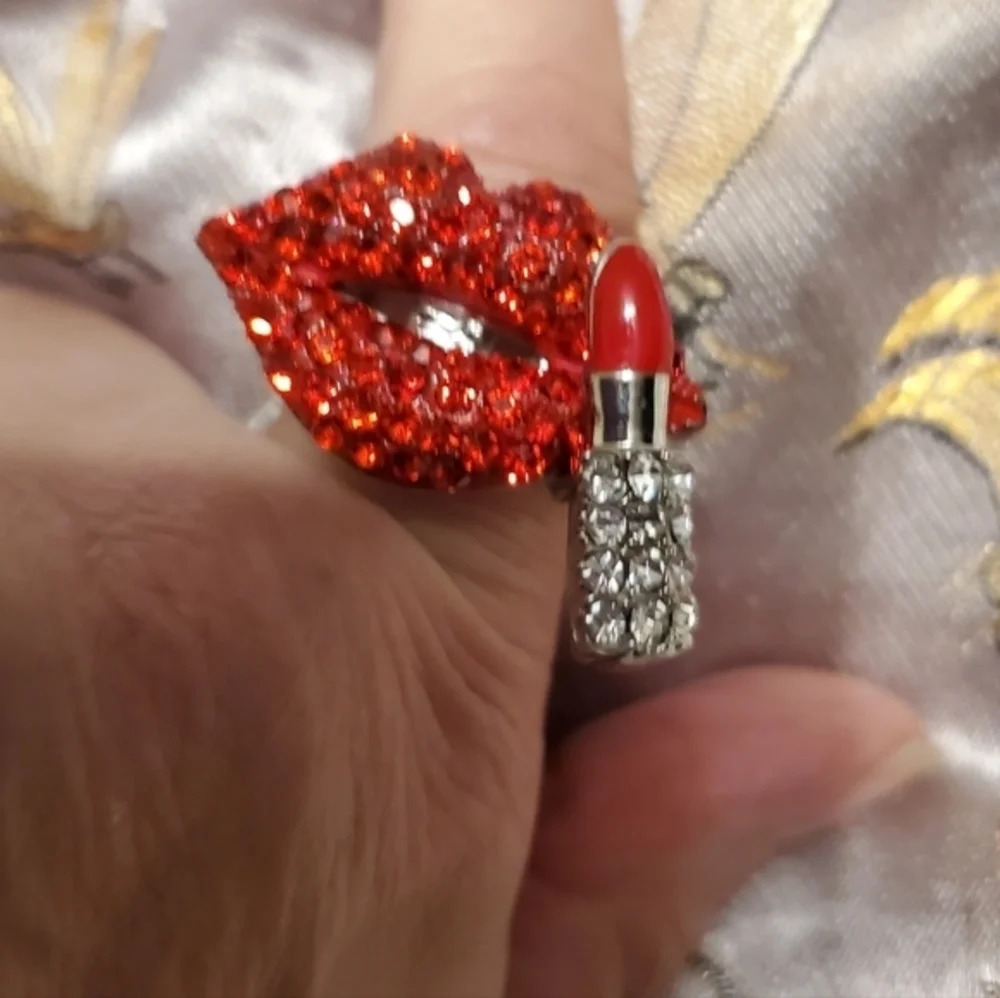 Red Rhinestone lipstick Stretch Ring New